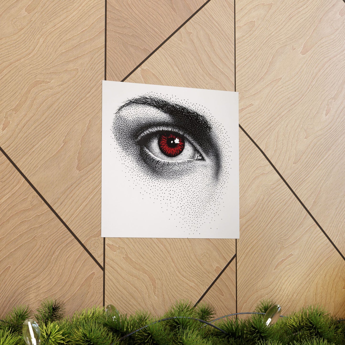 Art print of a detailed eye on a wooden surface with greenery at the bottom.