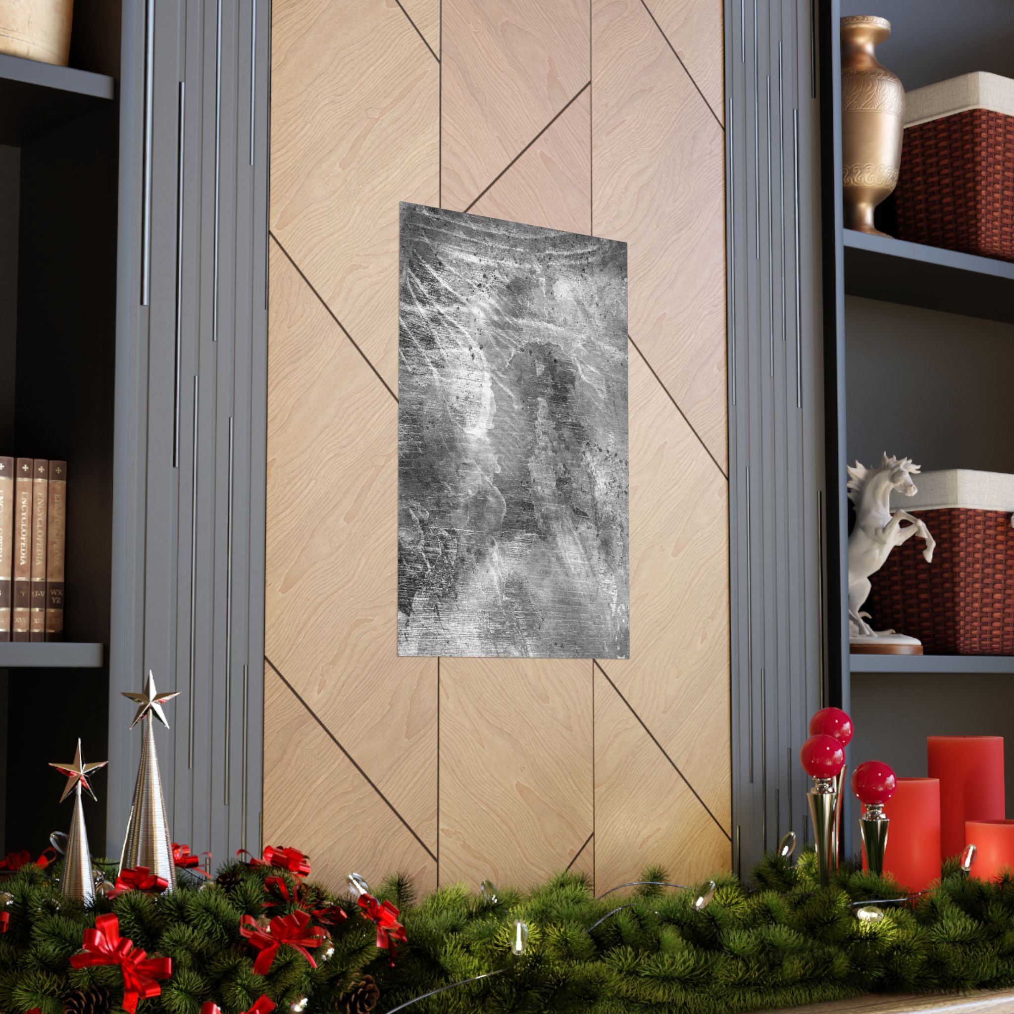 Decorative wall art on a wooden wall with festive decorations at the bottom.