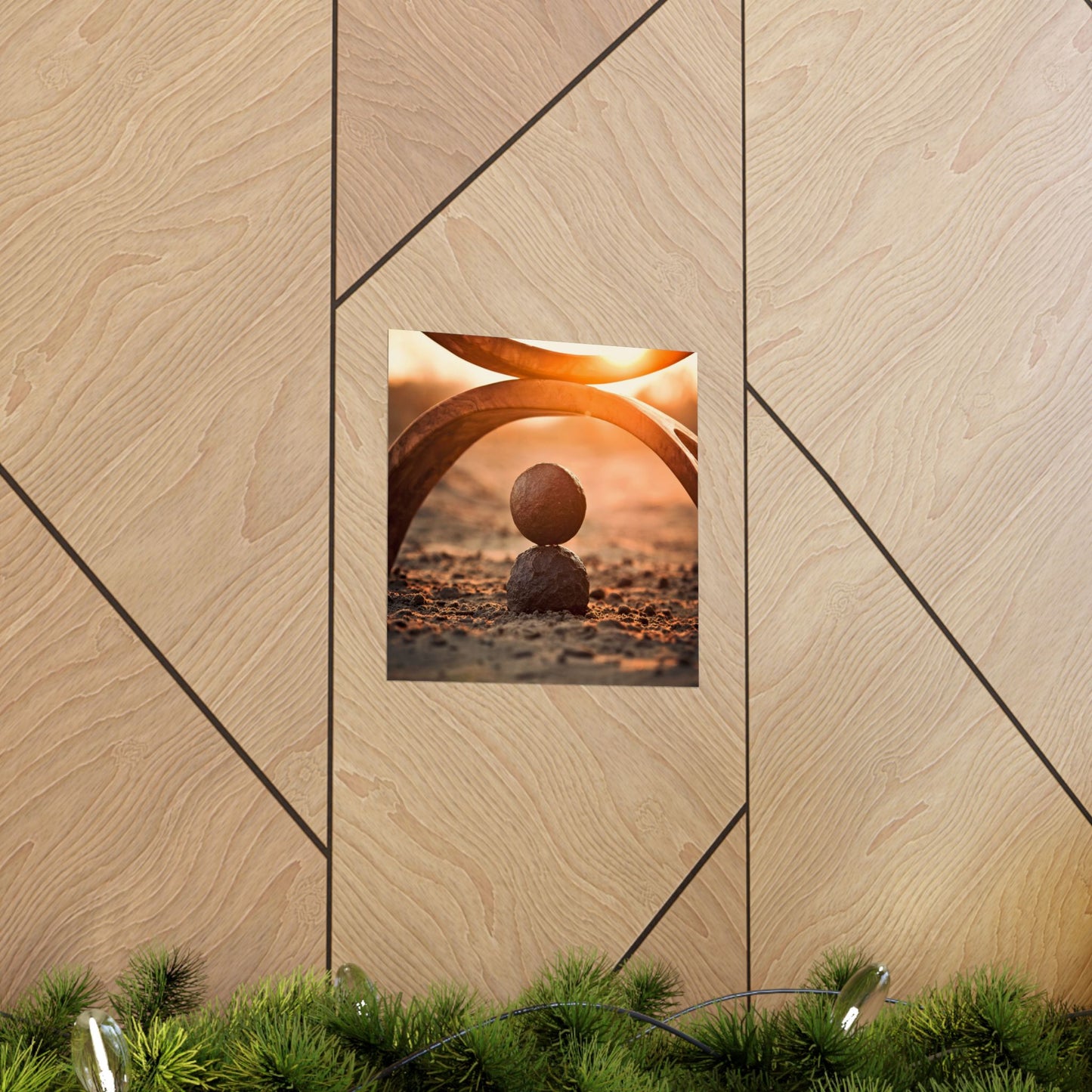 Square photo of a sunset with a ball on a wooden wall.