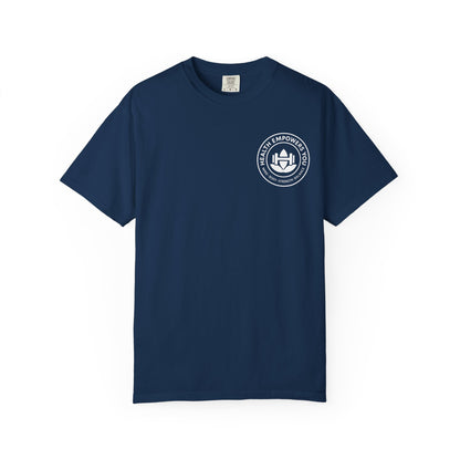 Navy blue t-shirt with a white logo on a white background