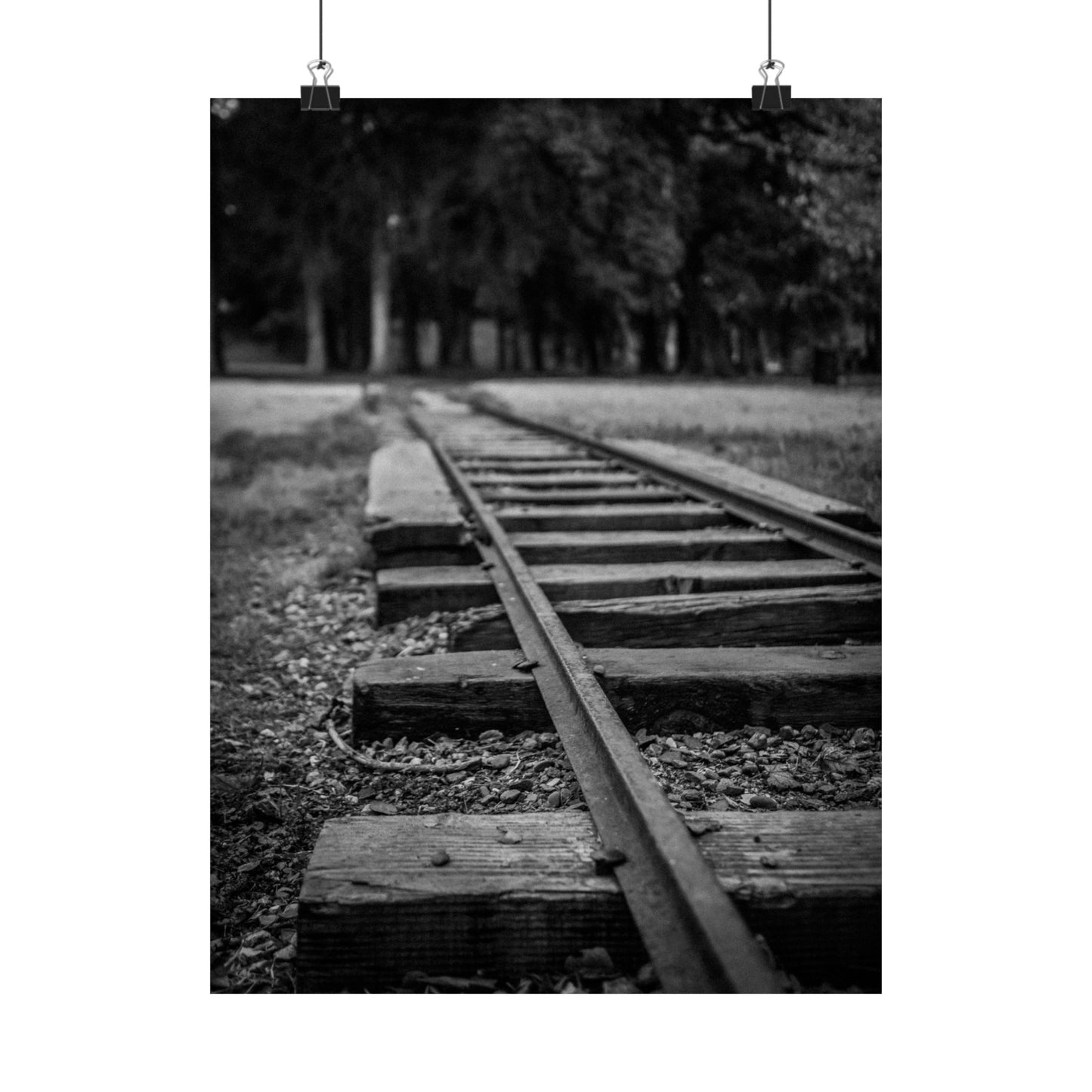 Black and white photograph of a railway track with trees in the background