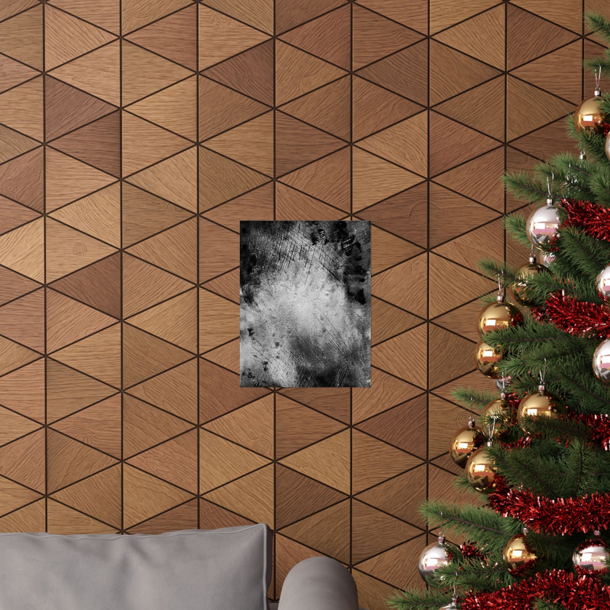 Wooden geometric wall paneling with a Christmas tree and decorative items.