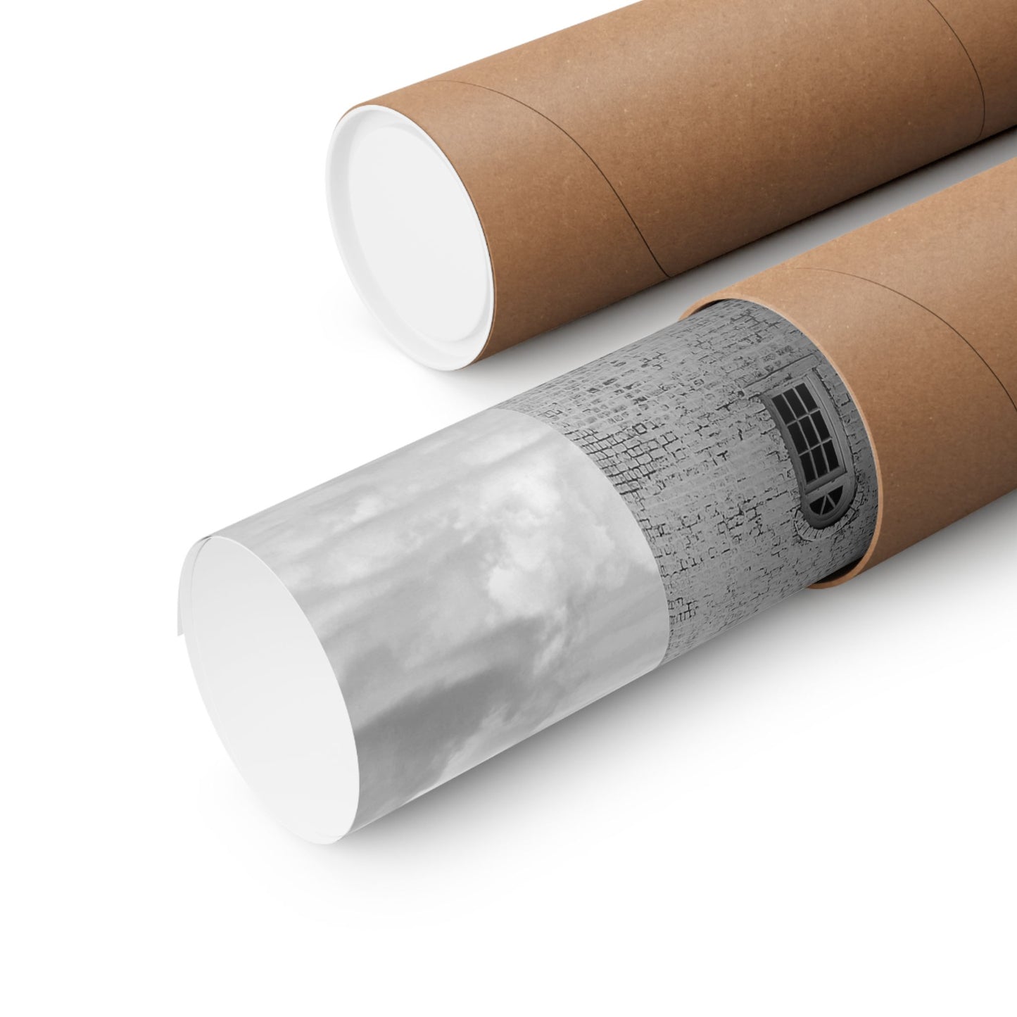 Two cardboard tubes, one plain and one with a textured label, on a white background