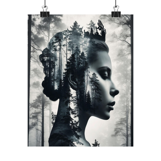 Artistic poster of a woman's profile with a forest overlay