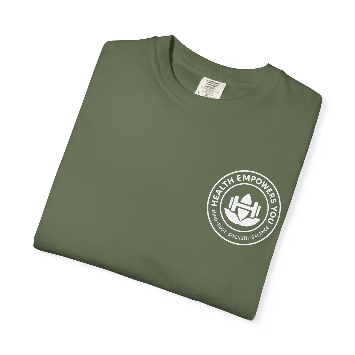 Folded green t-shirt with a white logo on a white background