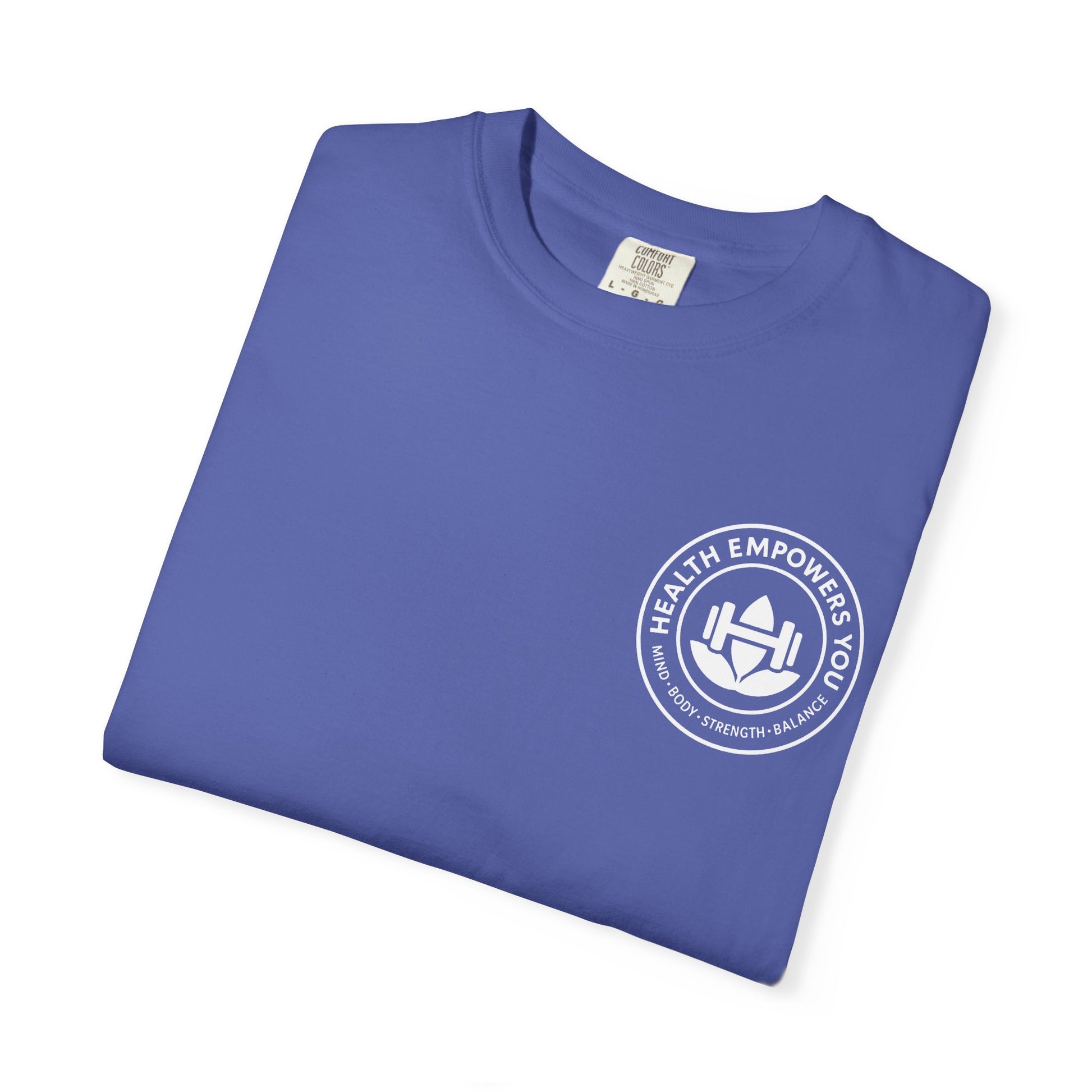 Folded blue t-shirt with a white logo and text on a white background