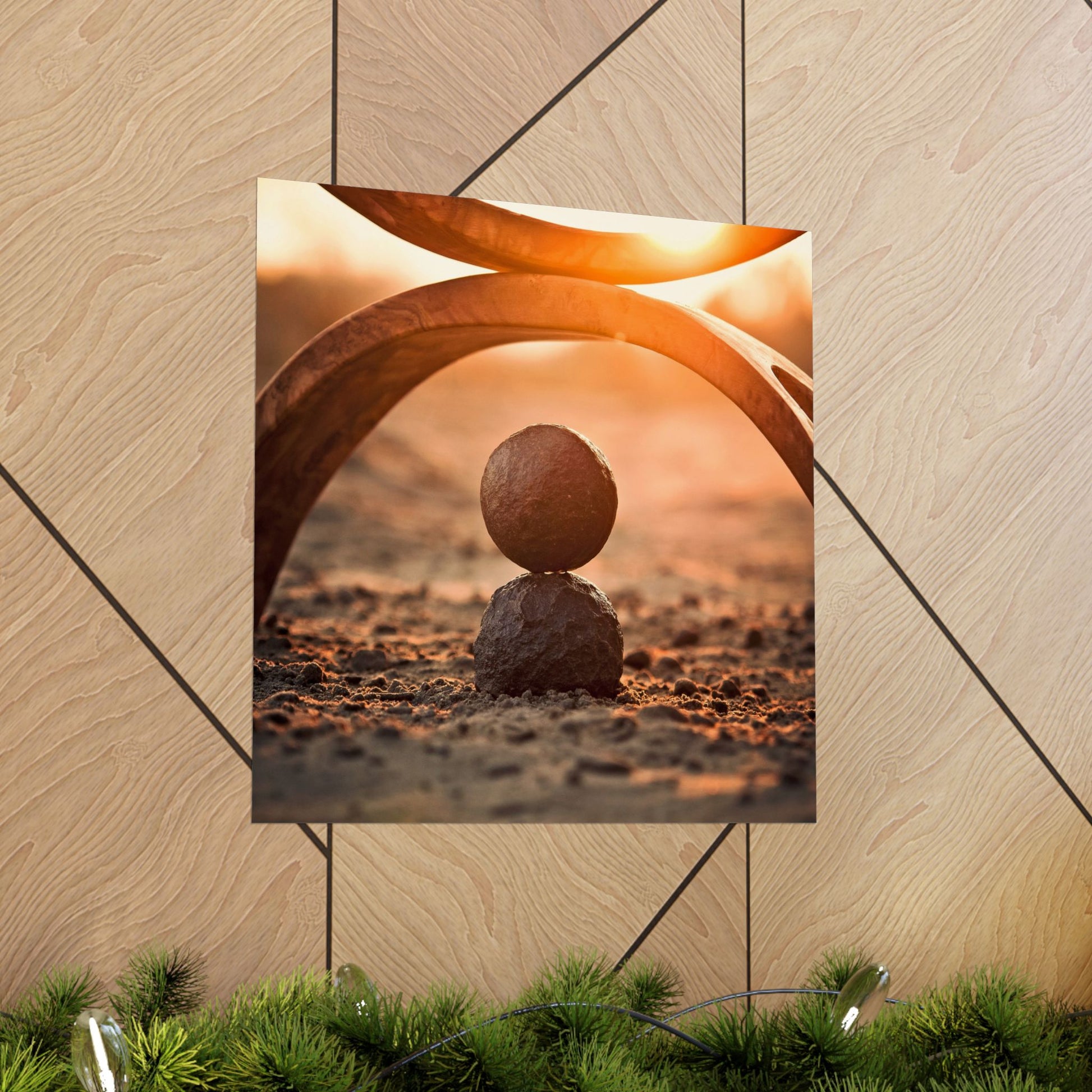 Decorative wall art with a sunset and arch design on a wooden panel background.