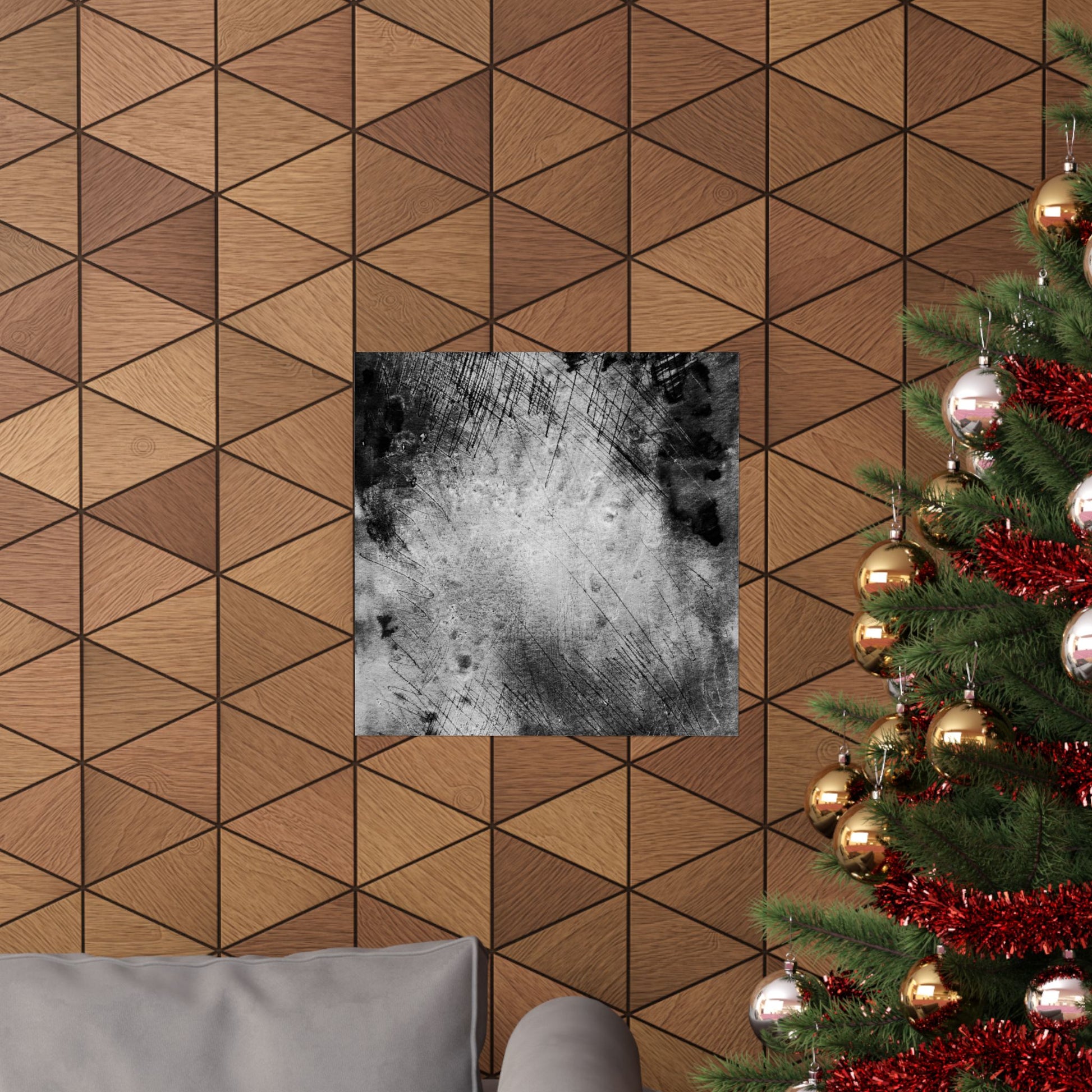 Decorative wall with geometric pattern, framed artwork, and a Christmas tree with ornaments.
