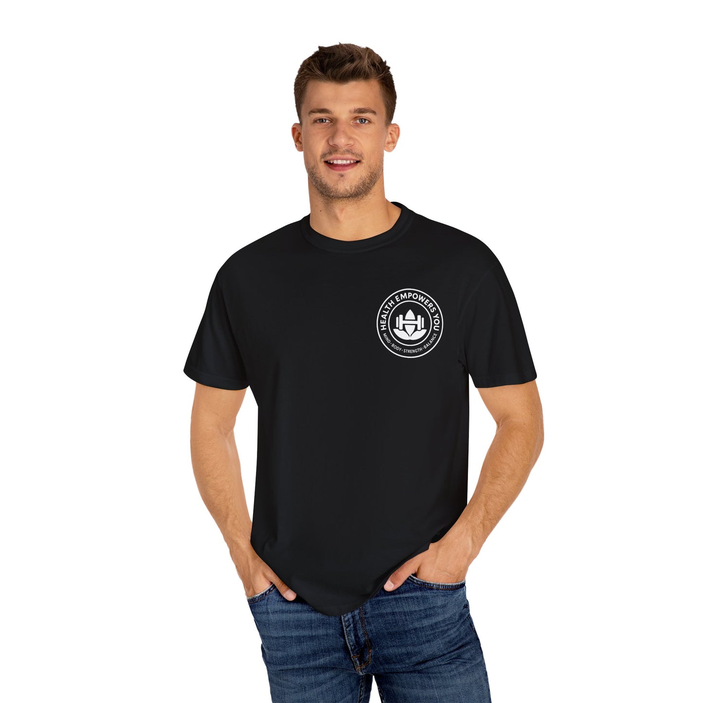 Man wearing a black t-shirt with a logo on a white background