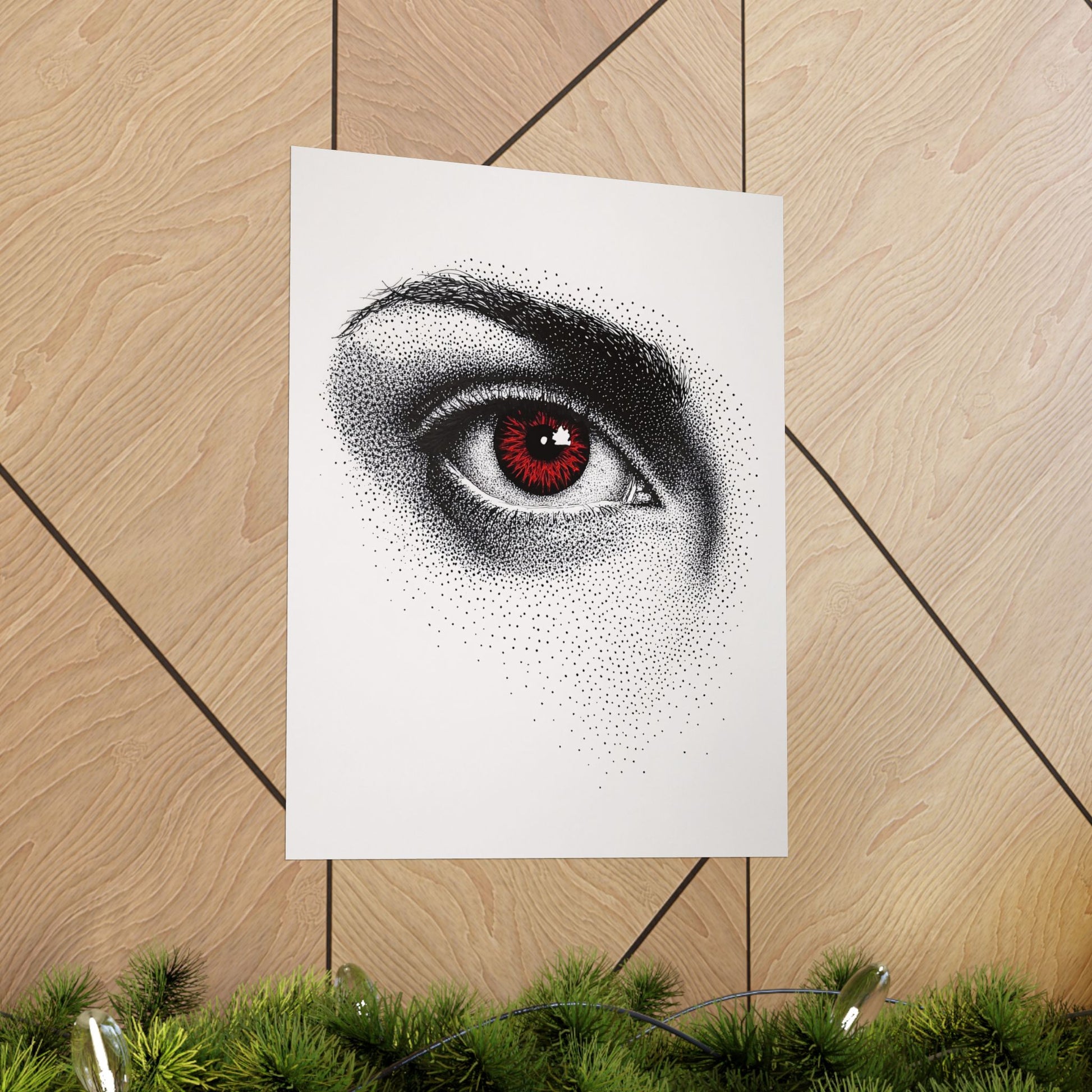 Art print of a detailed eye on a wooden floor with greenery at the bottom.