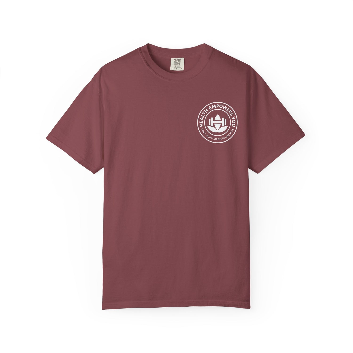 Maroon t-shirt with a white logo on a white background