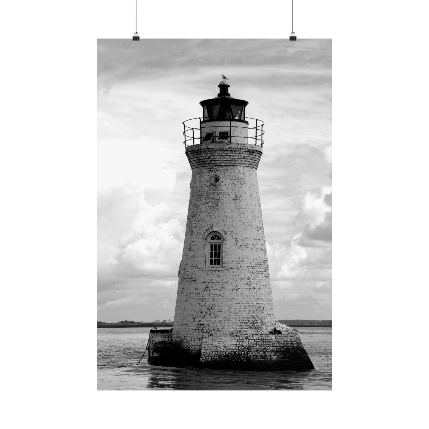 Black and white lighthouse on a cloudy day