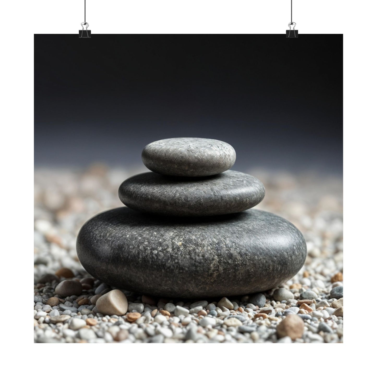 Stack of three gray stones on a pebble beach with a blurred background