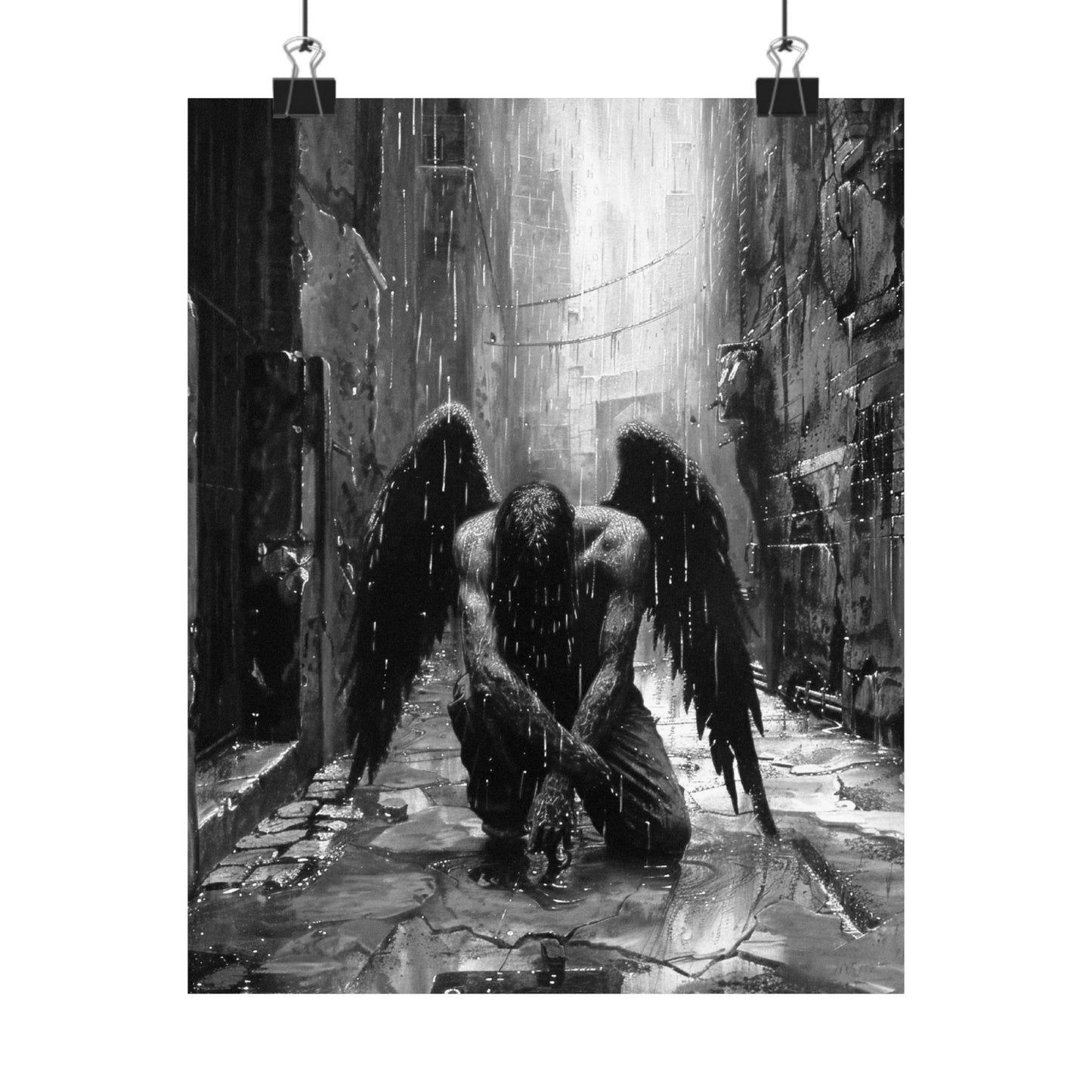 Black and white illustration of an angel in a dark, industrial setting