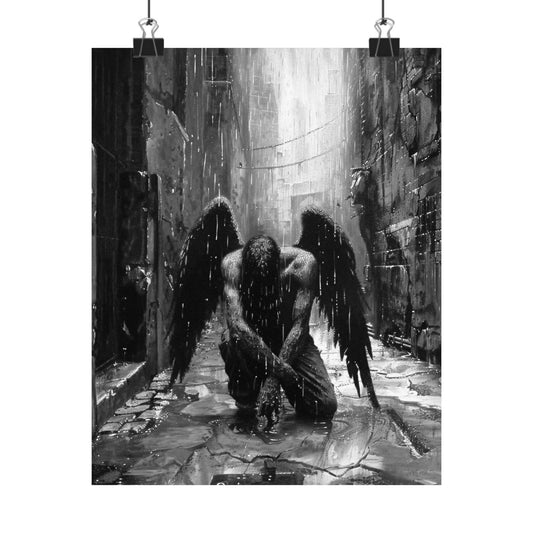 Black and white illustration of an angel in a dark, industrial setting
