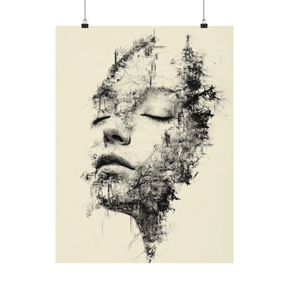 Abstract black and white art print of a face on a beige background