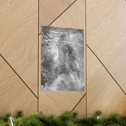Textured black and white abstract art on a wooden panel with geometric patterns