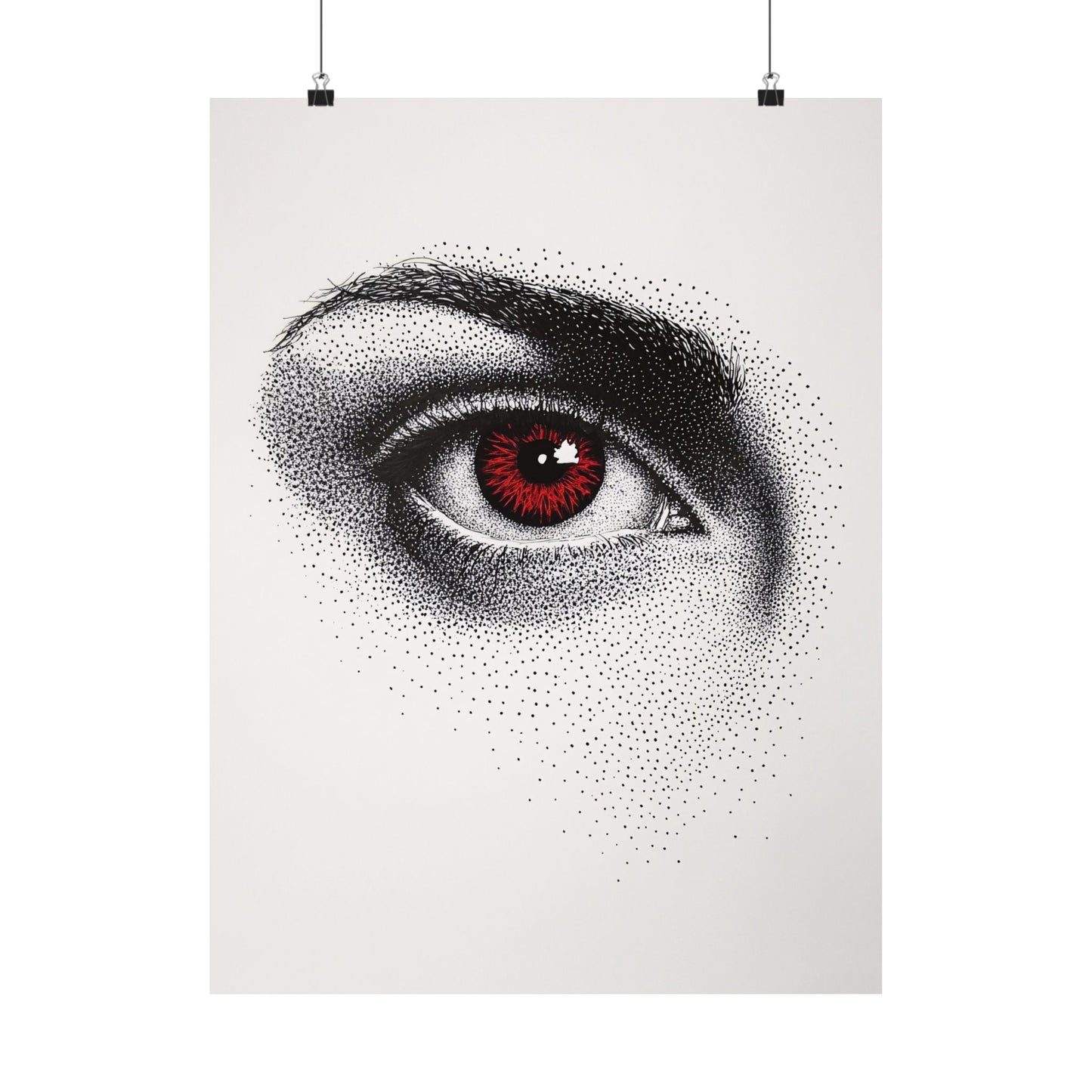 Artistic depiction of a detailed eye with a red iris on a white background