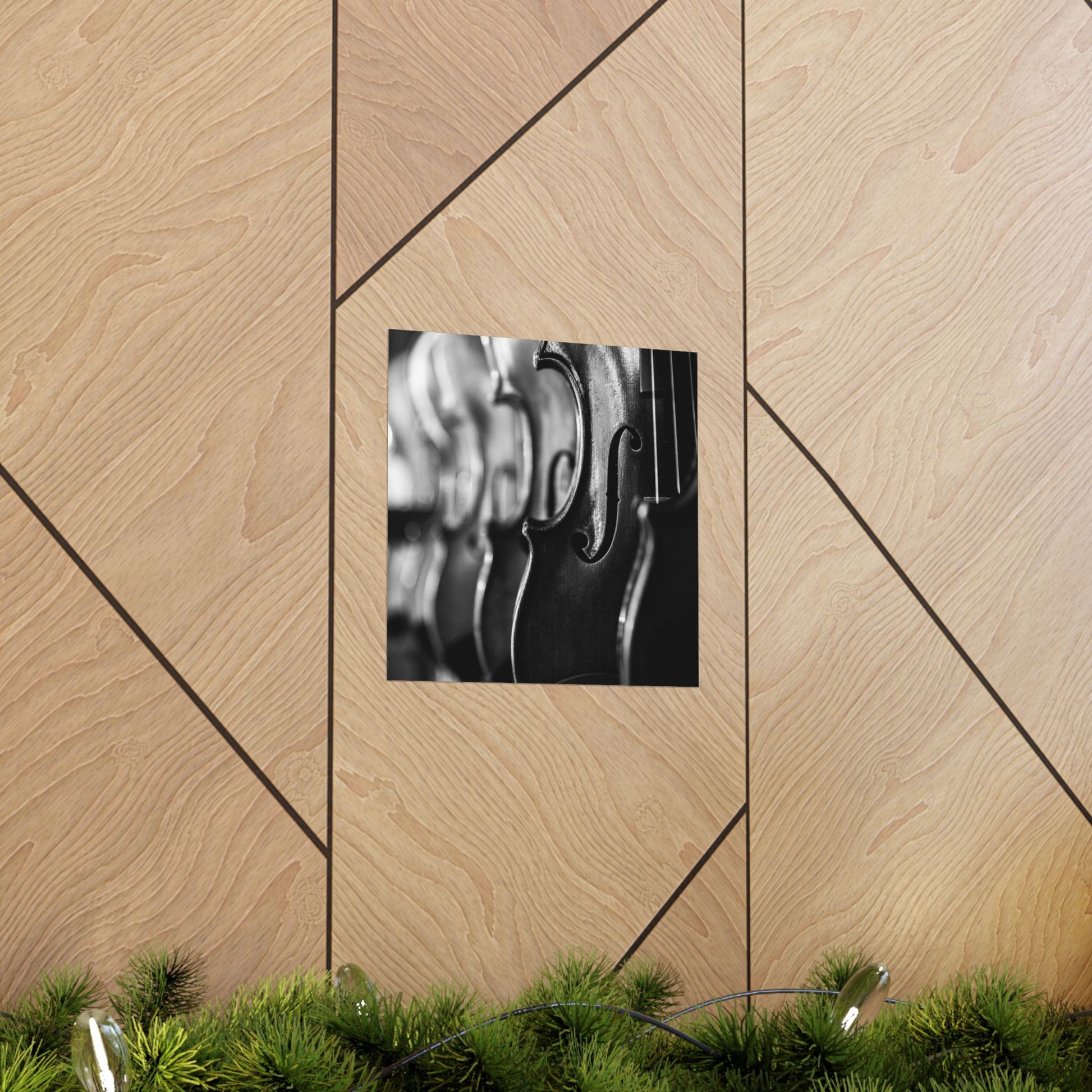 Decorative wall art with geometric pattern and black and white photo on a wooden panel