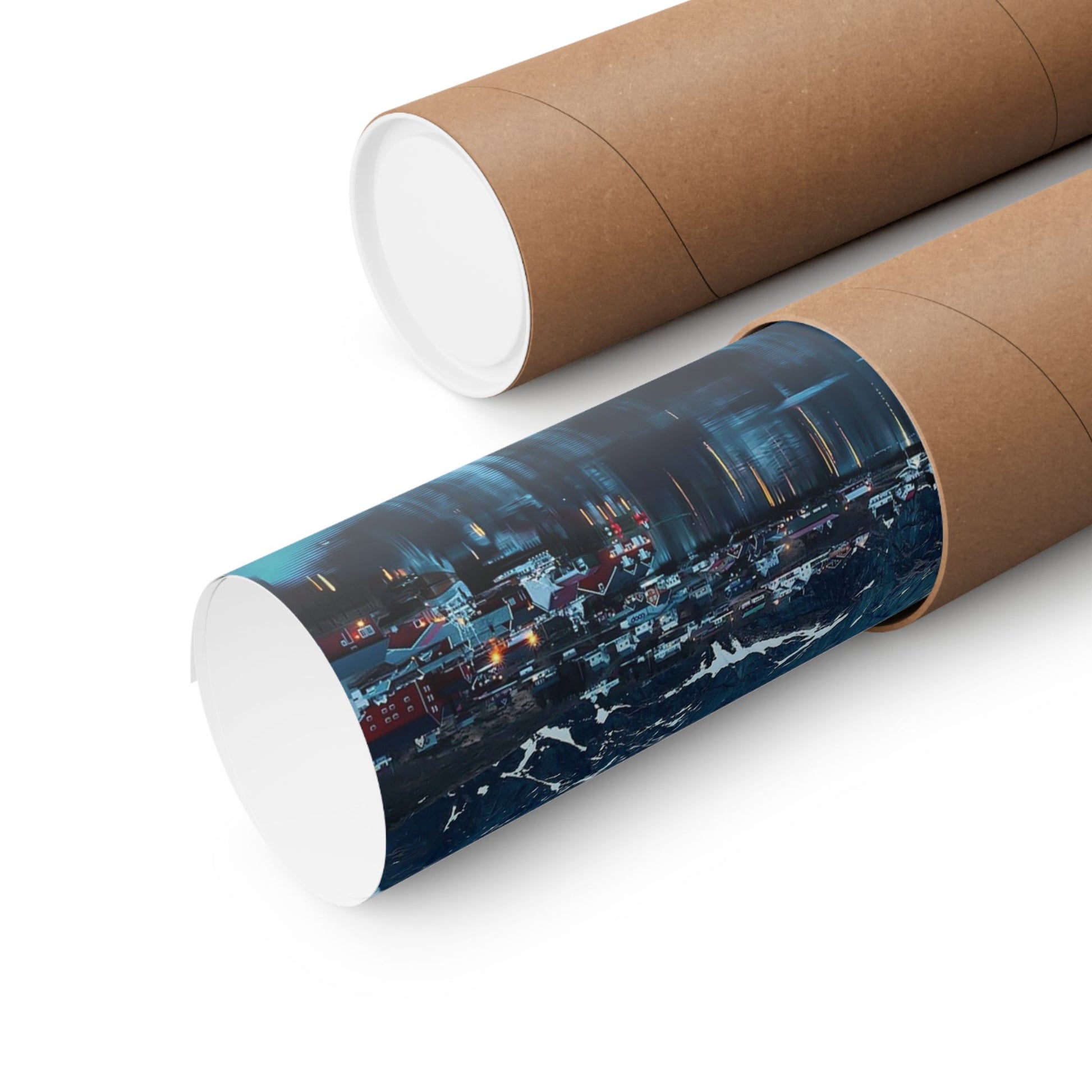 Roll of paper with a cityscape design on a cardboard tube against a white background