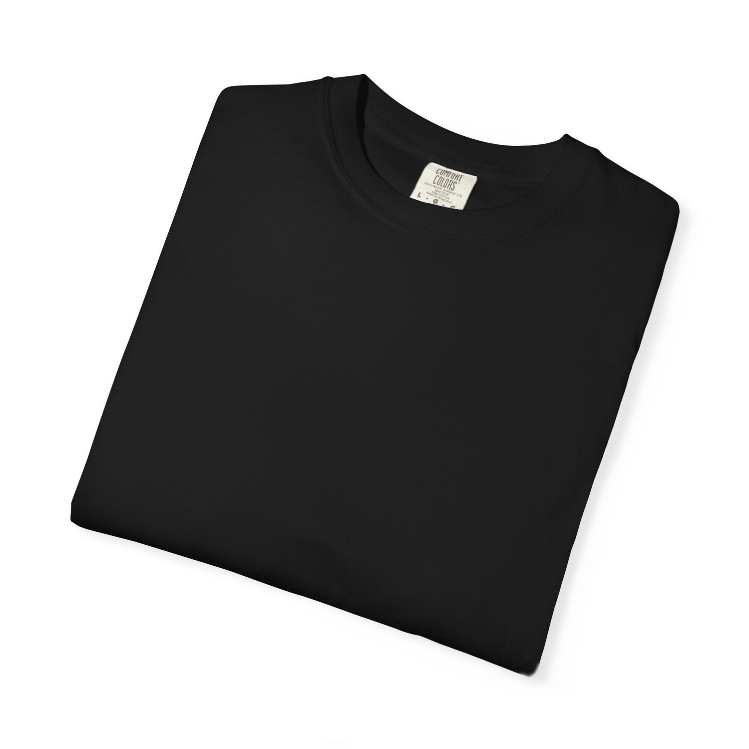 Folded black t-shirt with a brand label on a white background