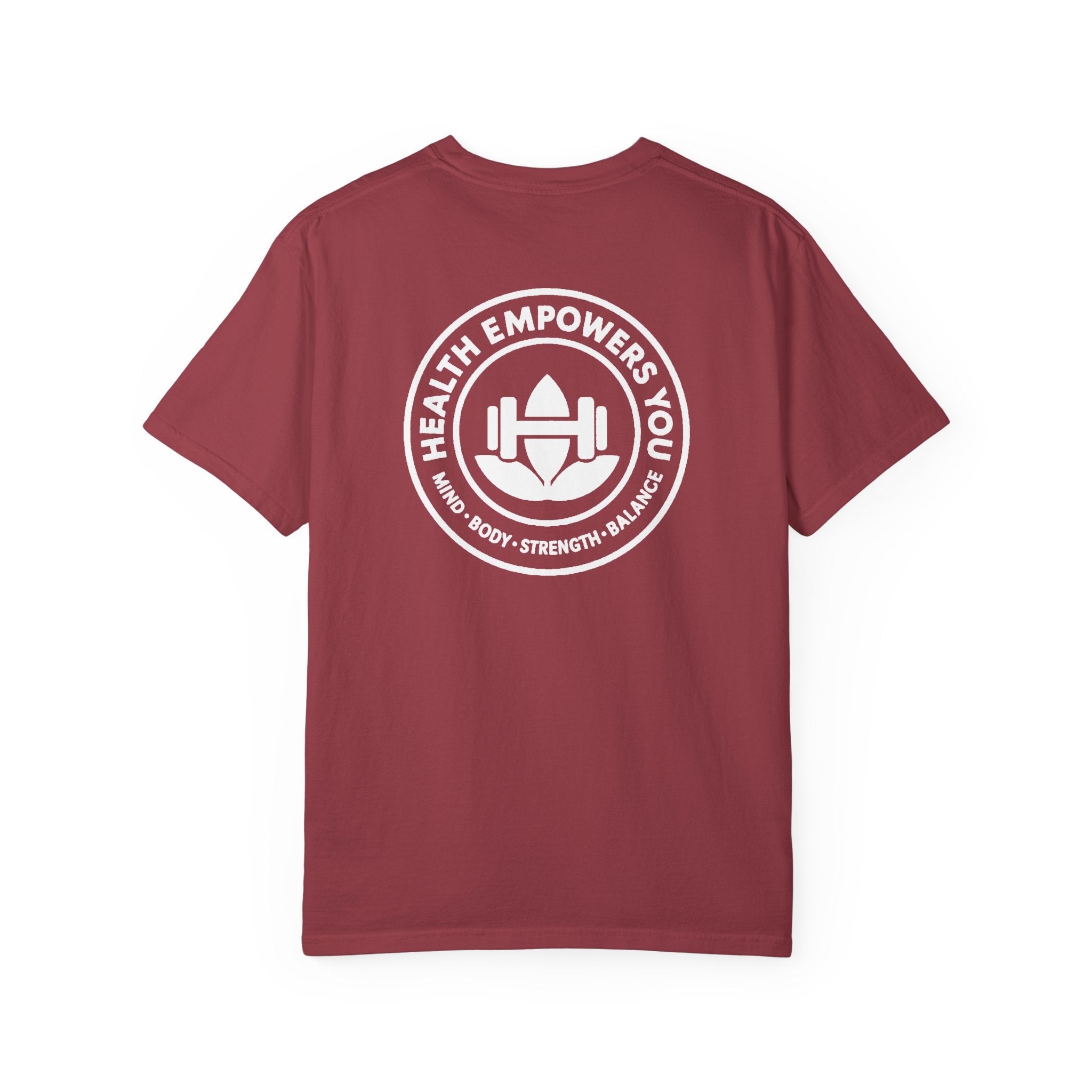 Maroon t-shirt with a white logo and text on the back against a white background