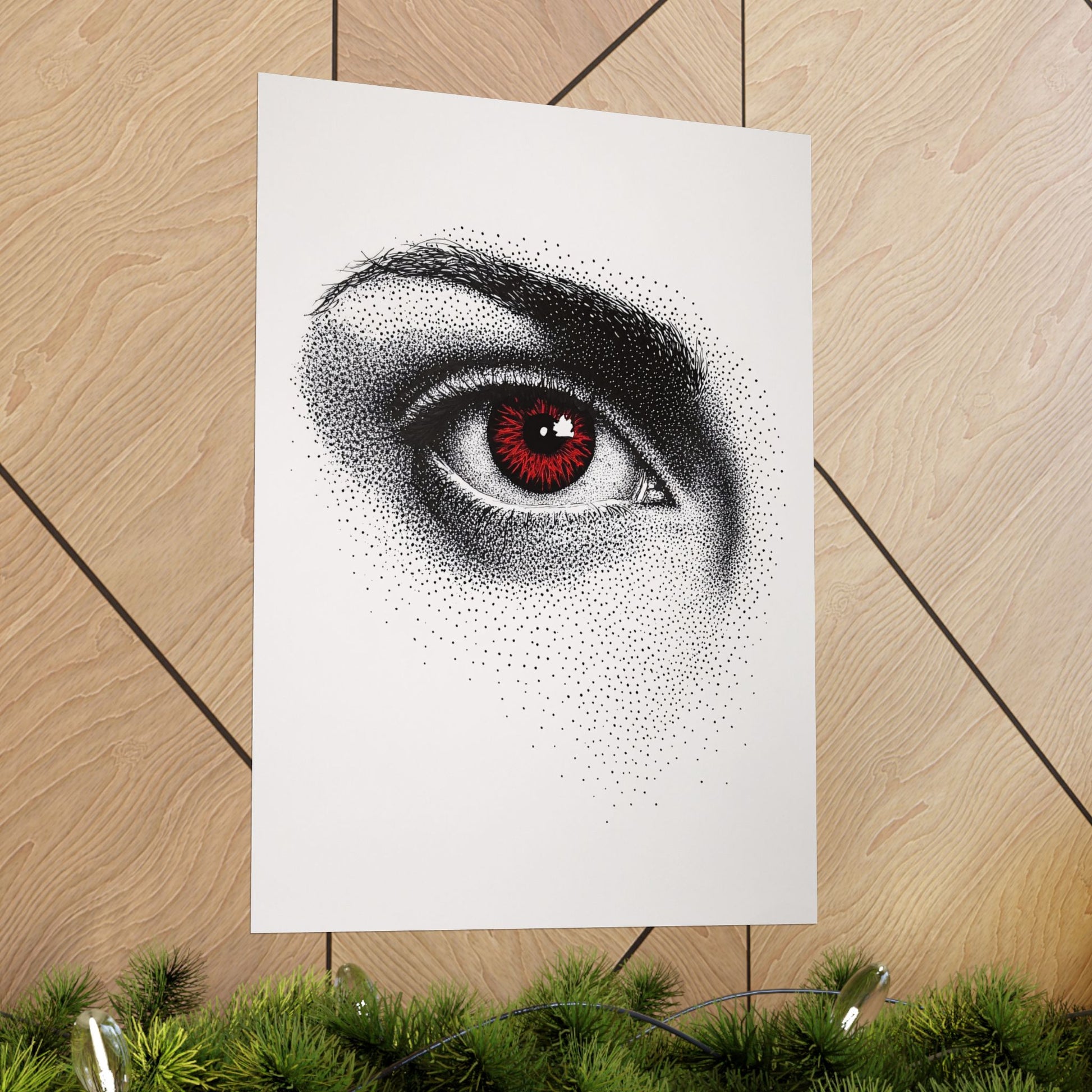 Art print of a detailed eye on a wooden floor with greenery at the bottom.