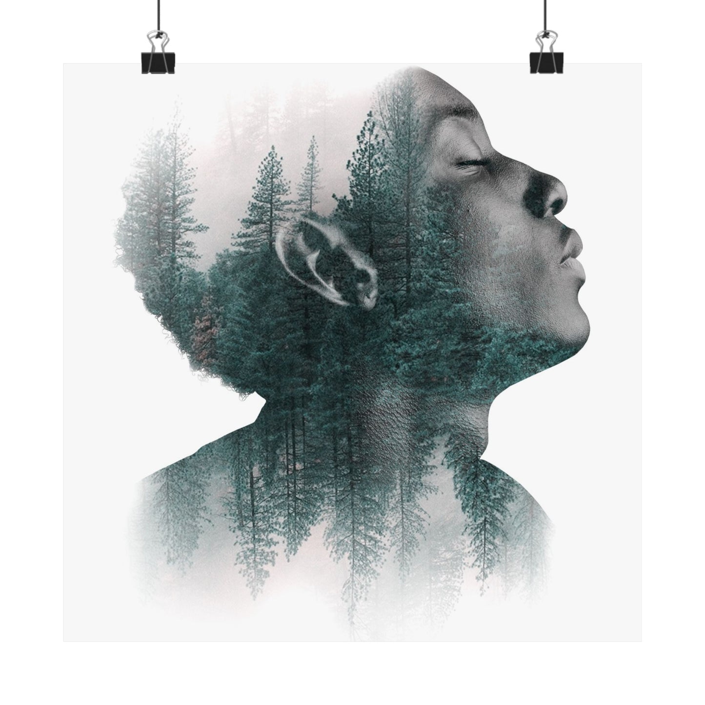 Double exposure of a person's profile with a forest overlay