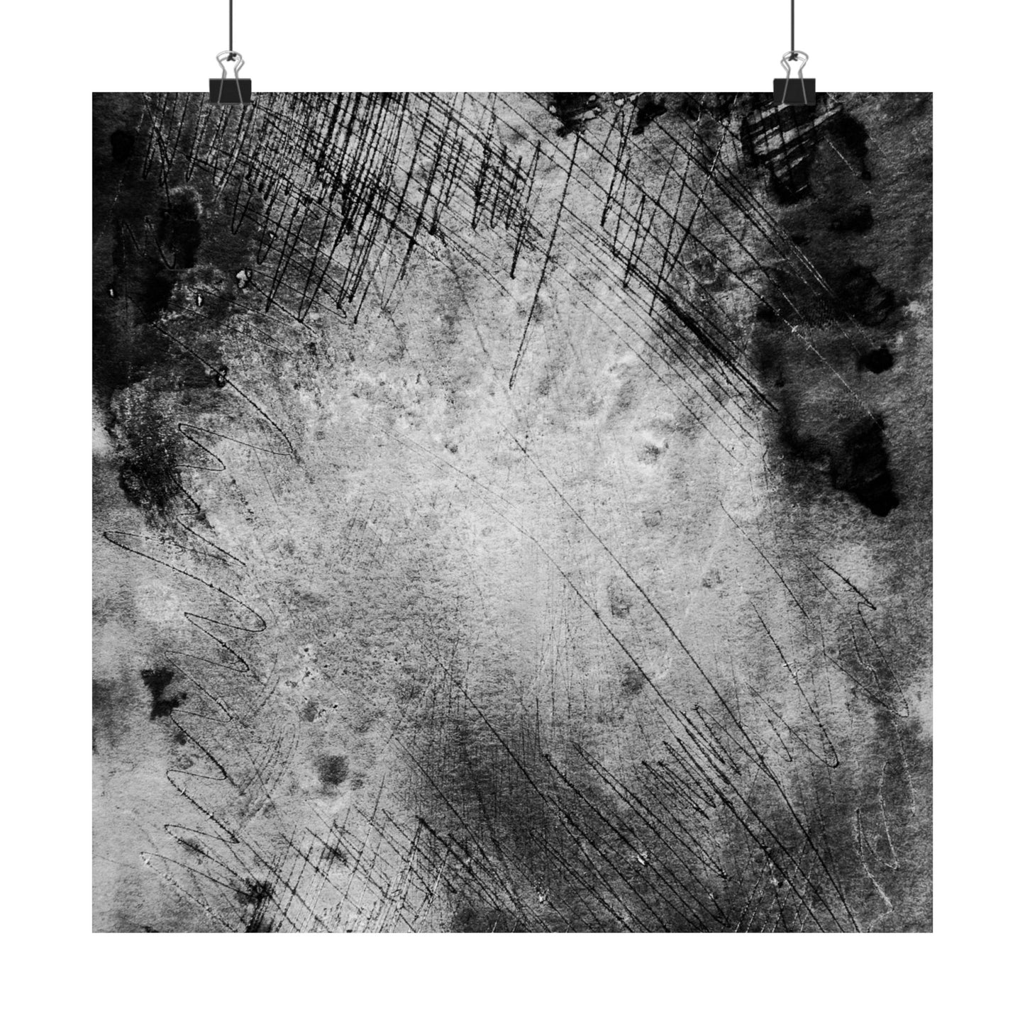 Abstract black and white art print with textured patterns