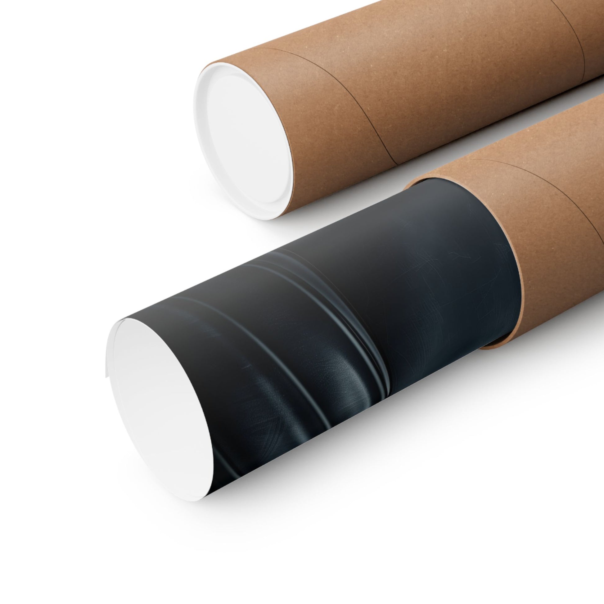 Two rolls of paper, one black and one brown cardboard, on a white background.