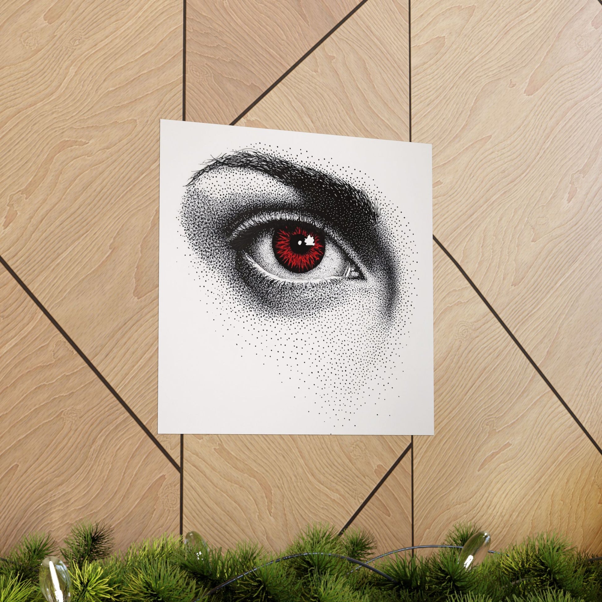 Art print of a detailed eye with red iris on a wooden floor.