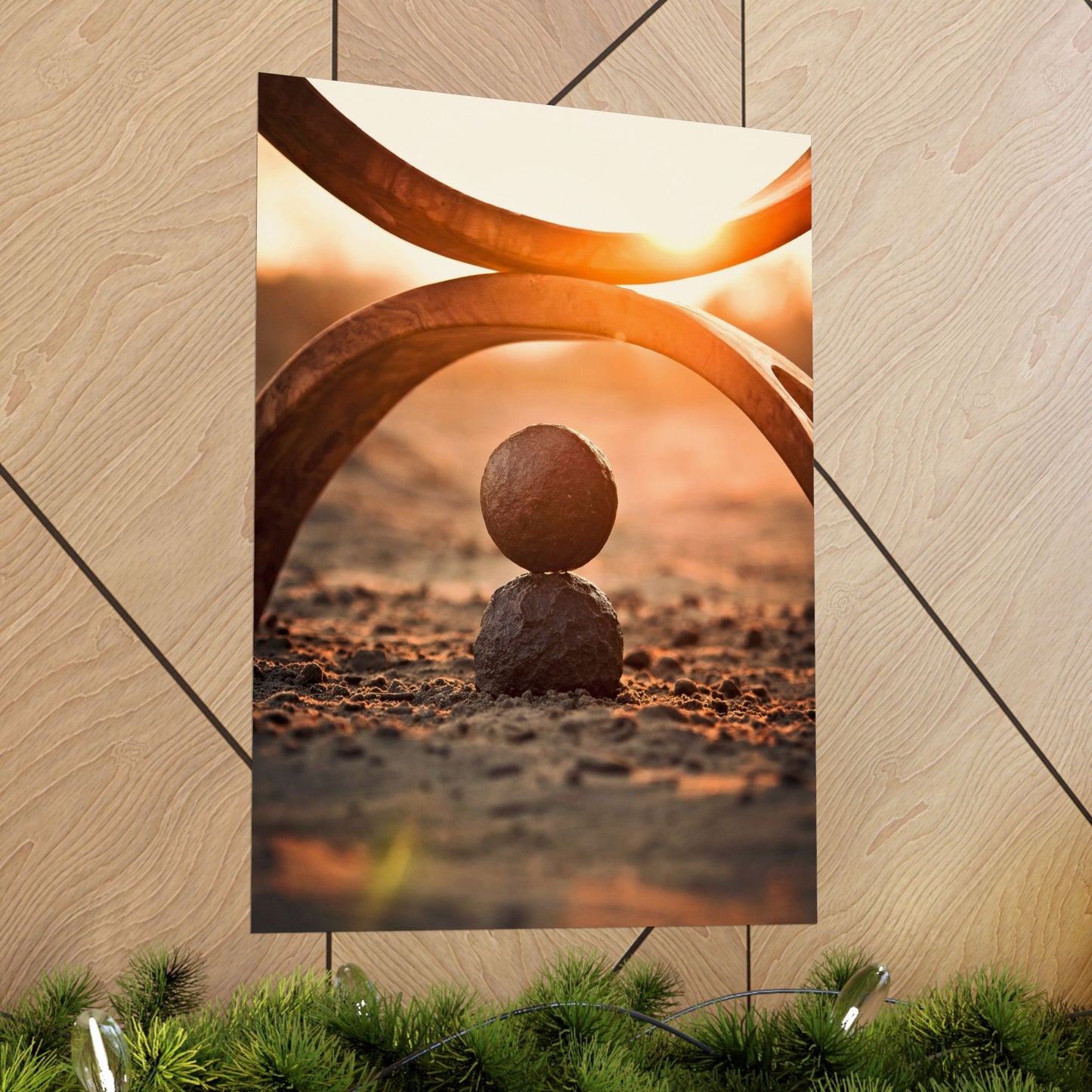 Art print of a balanced rock sculpture with a sunset background on a wooden surface.