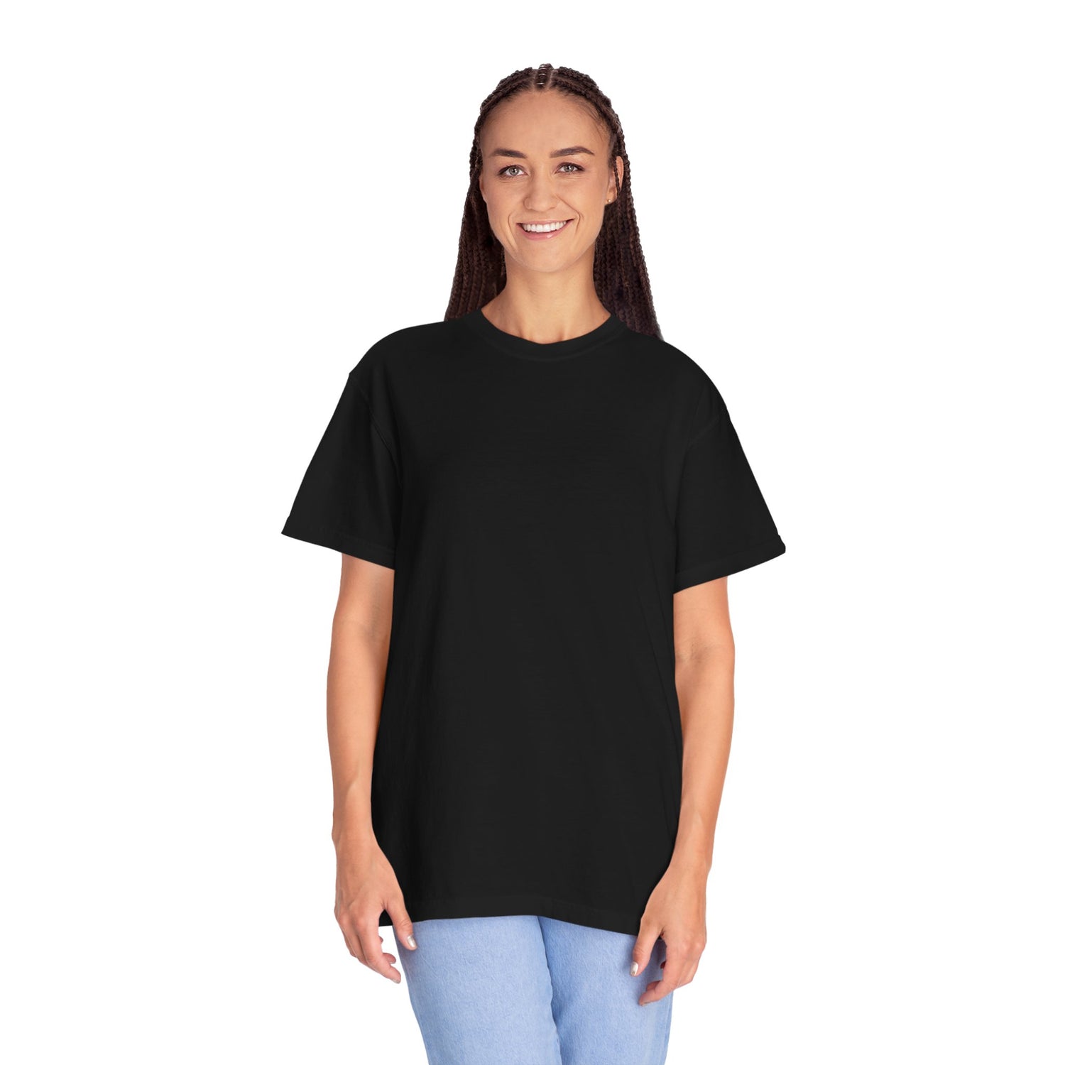 Person wearing a black t-shirt on a white background