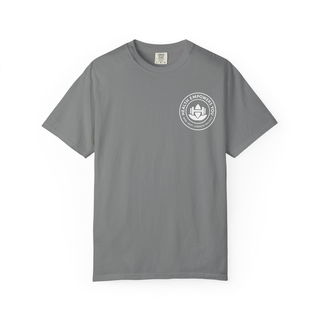 Gray t-shirt with a white logo on a white background