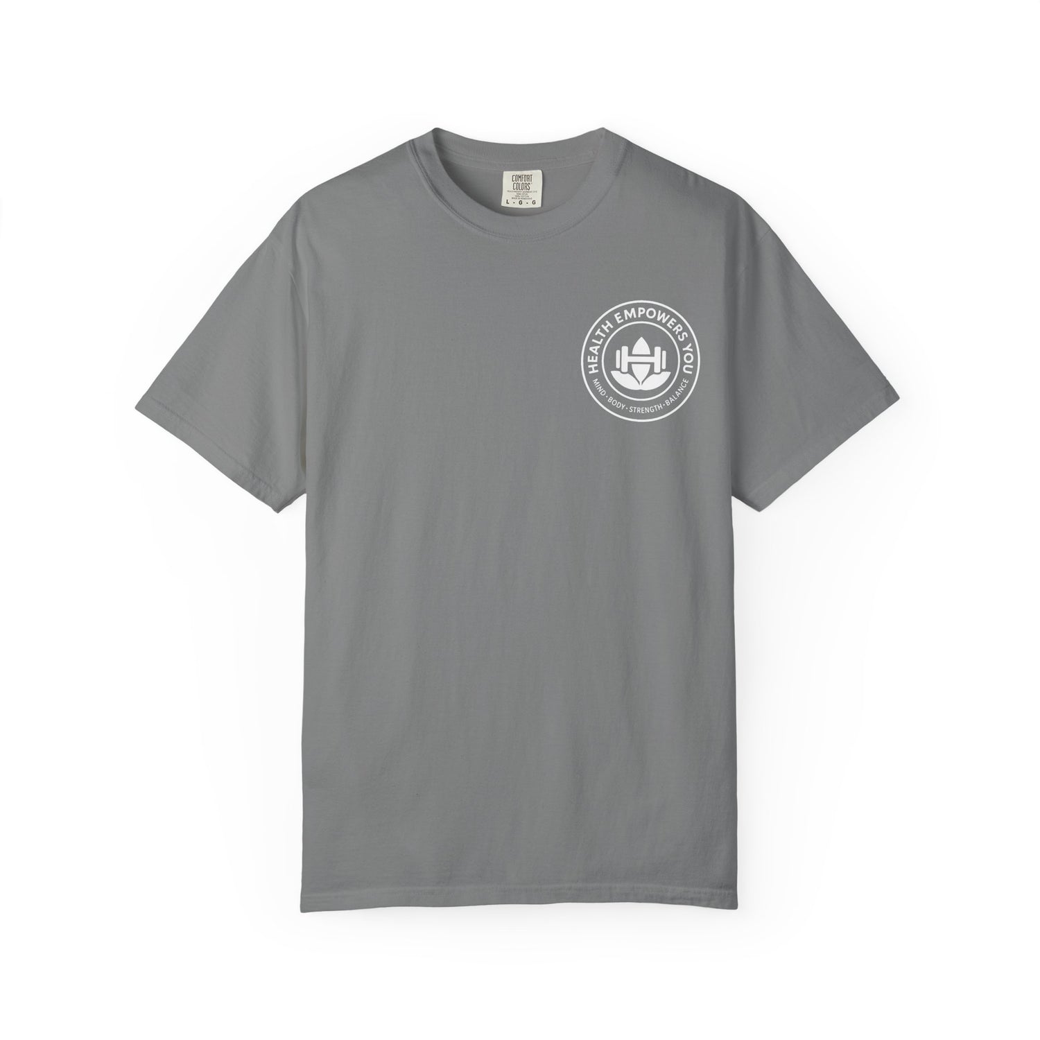 Gray t-shirt with a white logo on a white background