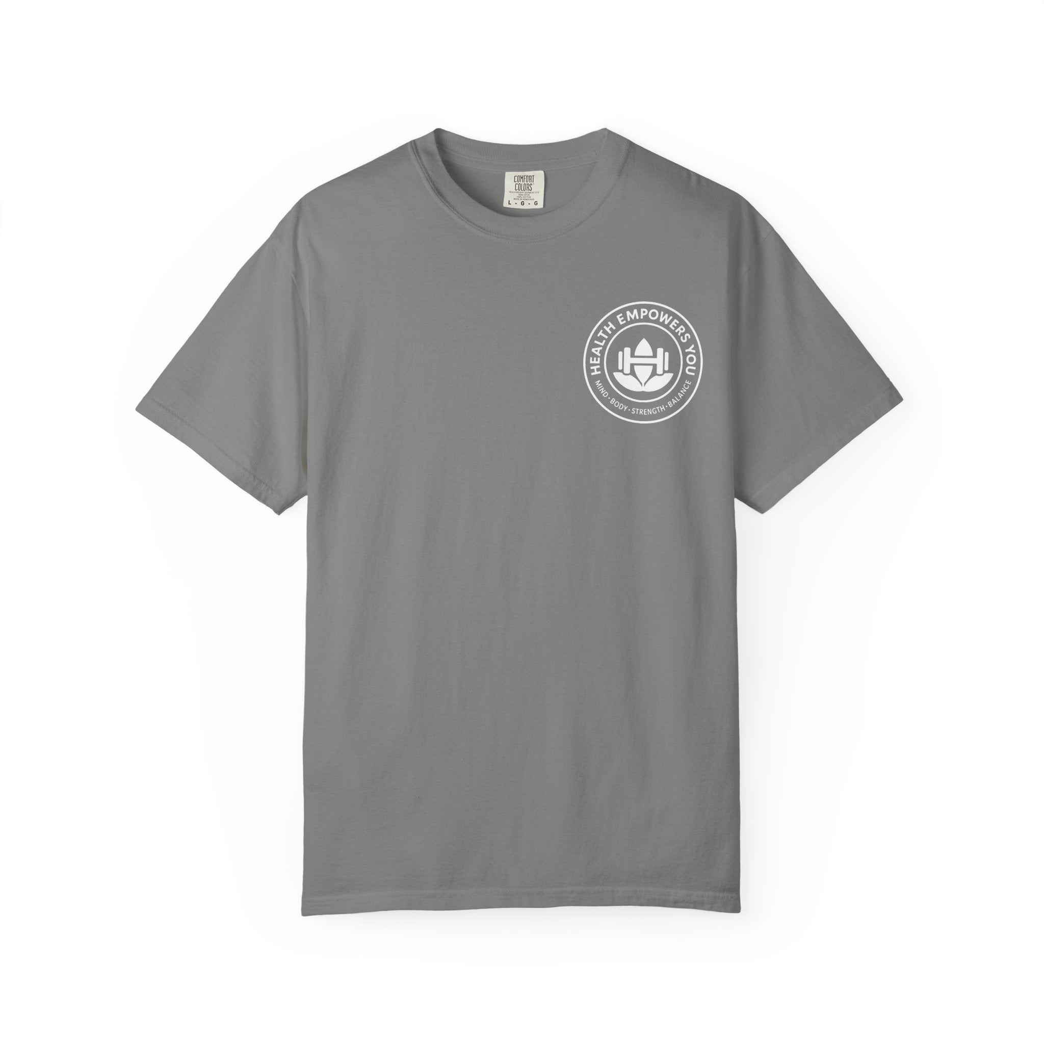 Gray t-shirt with a white logo on a white background