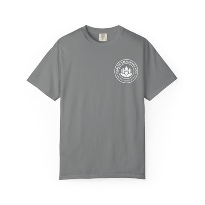 Gray t-shirt with a white logo on a white background