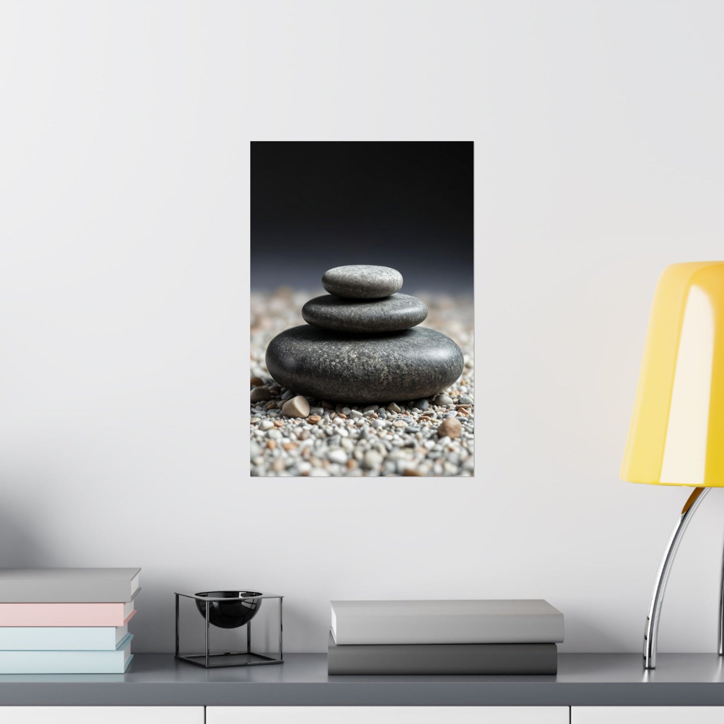 Stylized image of stacked stones on a shelf with books and a lamp.