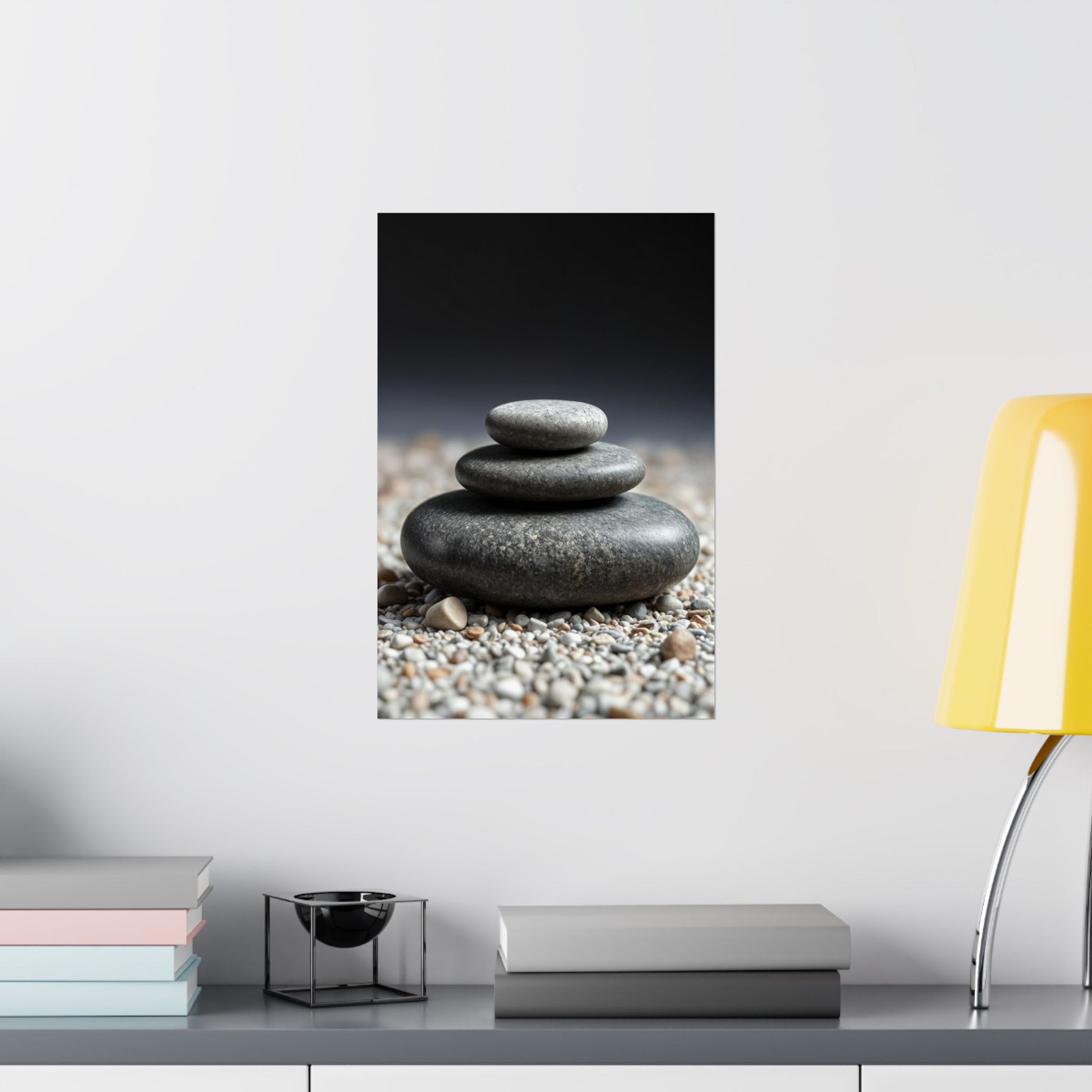 Stylized image of stacked stones on a shelf with books and a lamp.