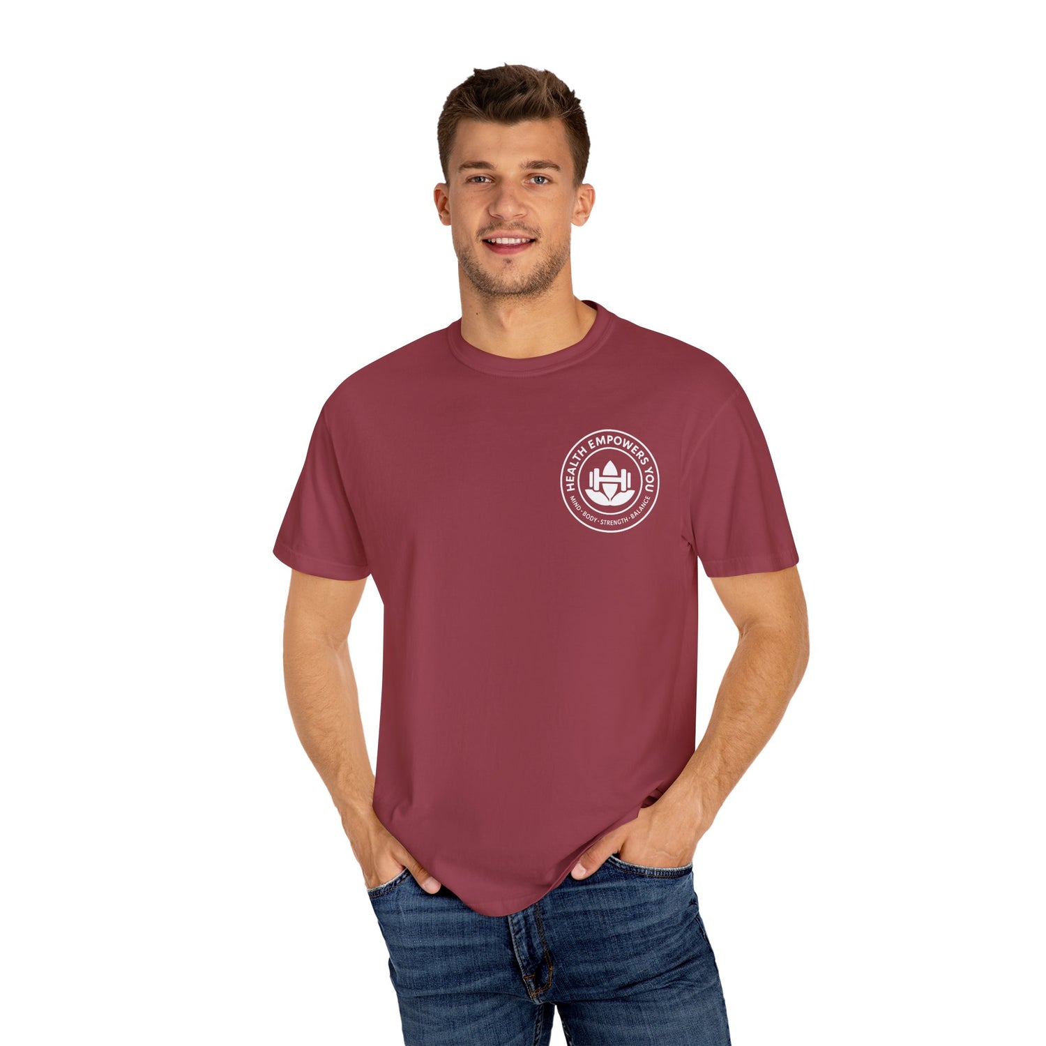 Man wearing a maroon t-shirt with a logo on a white background