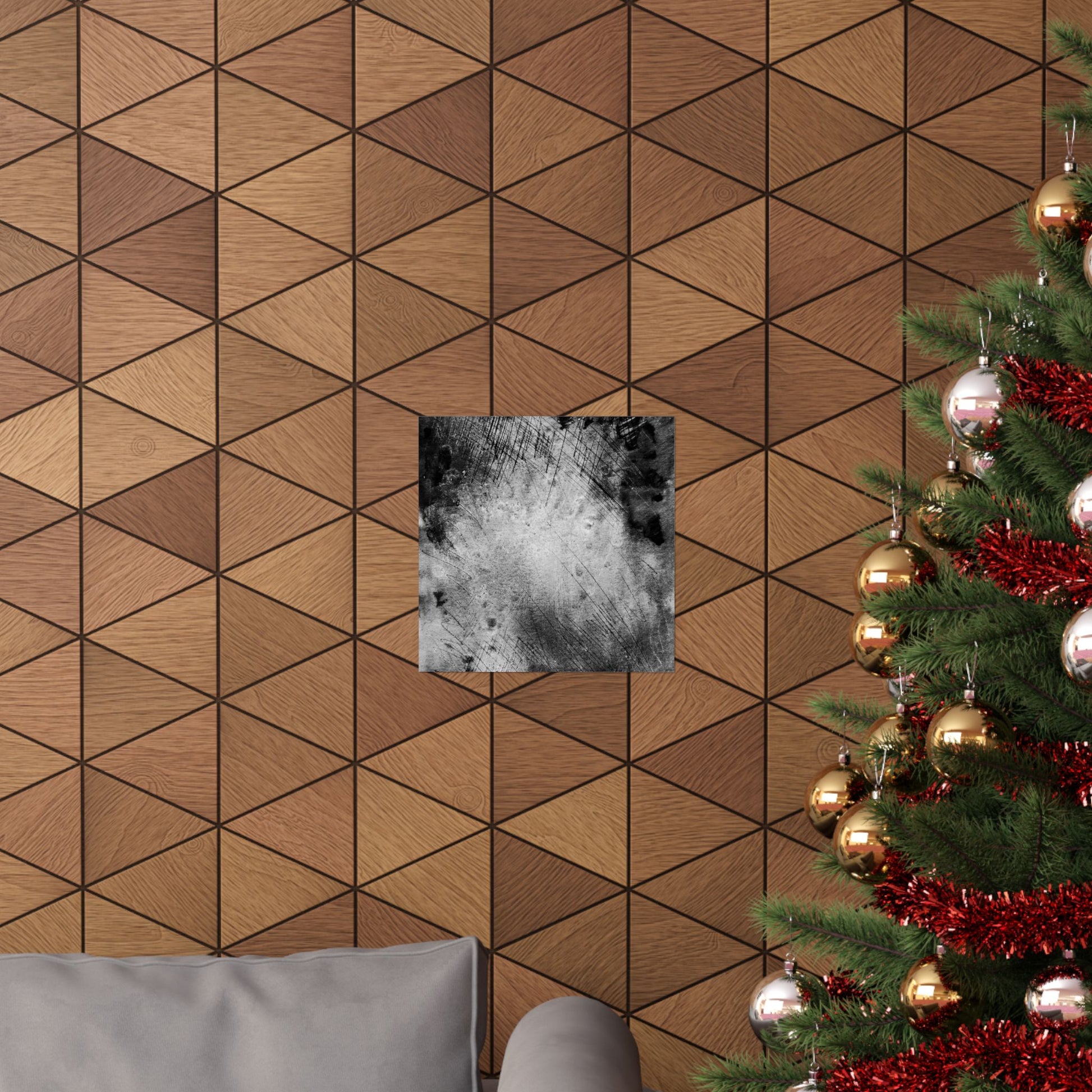 Wooden geometric wall paneling with a Christmas tree and decorations.
