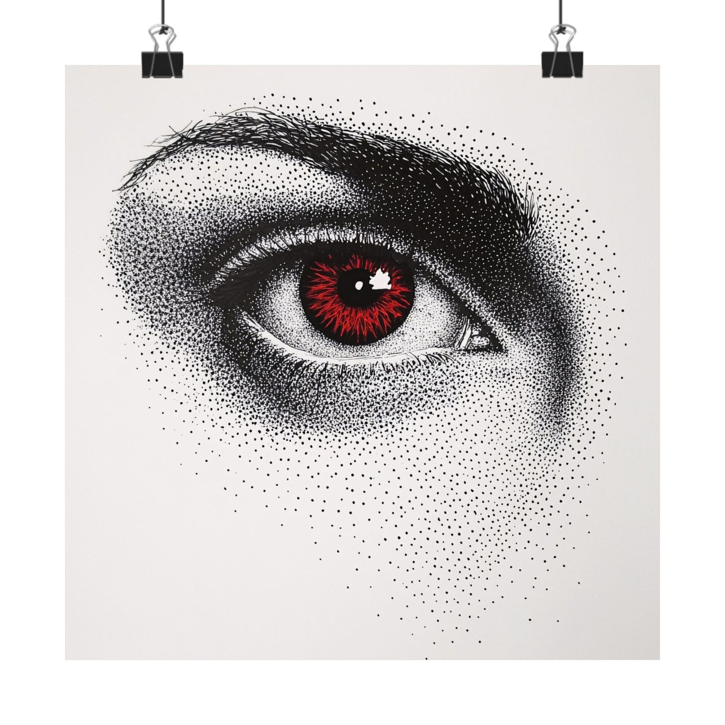 Artistic depiction of a detailed eye with black and white dotwork on a white background