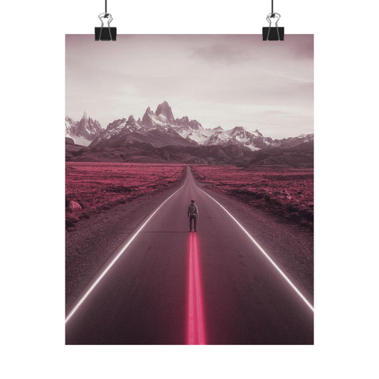 Person standing in the middle of a road with glowing pink lines leading towards snow-capped mountains.