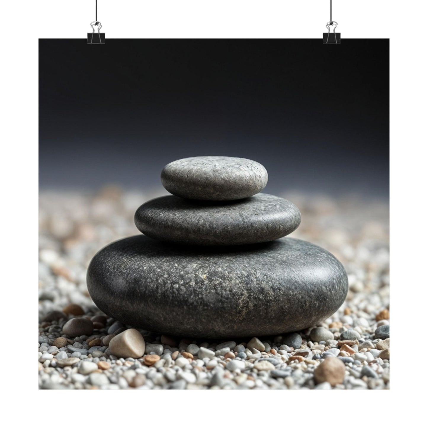 Stack of three gray stones on a bed of smaller stones with a blurred background