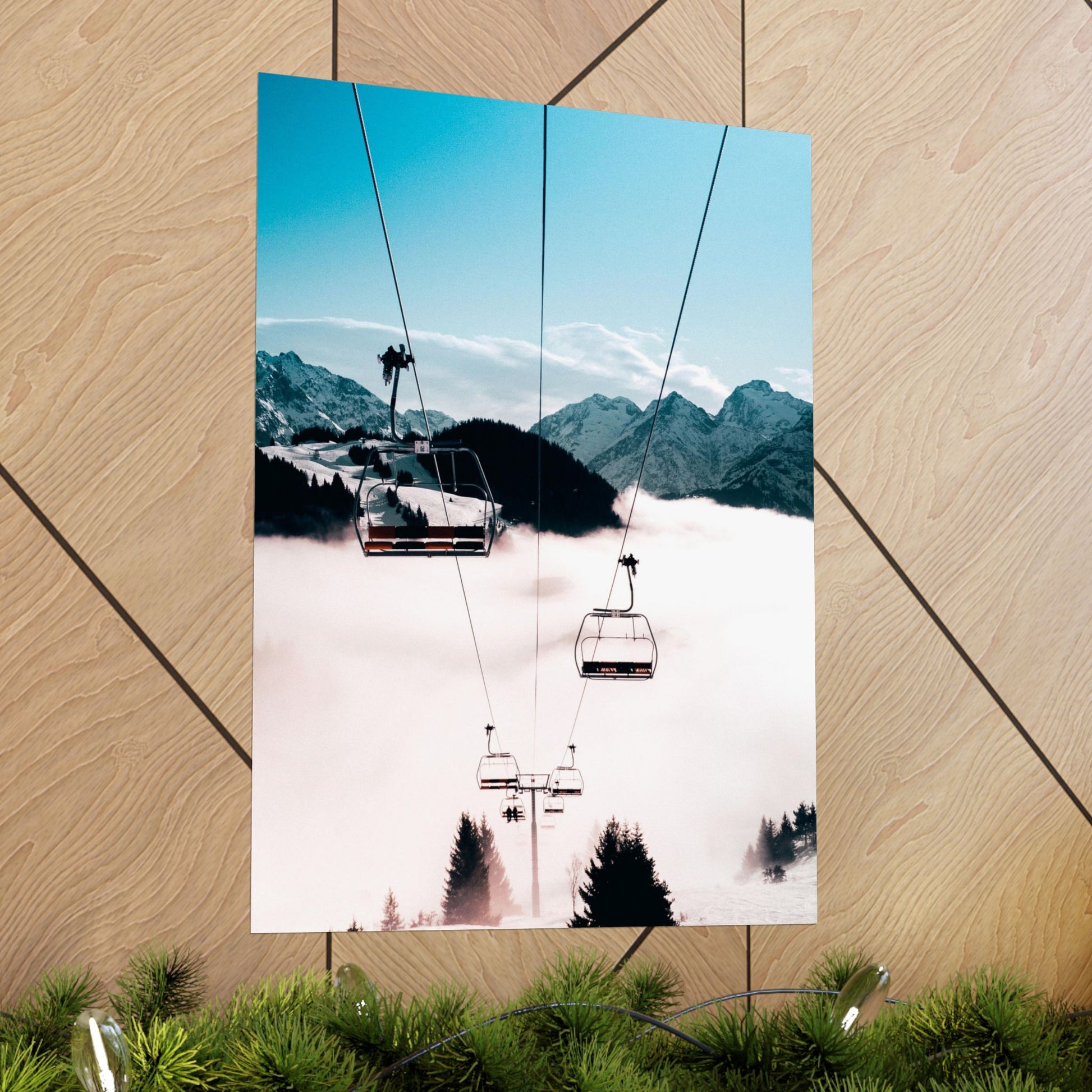 Ski lift with mountain view on a wooden surface