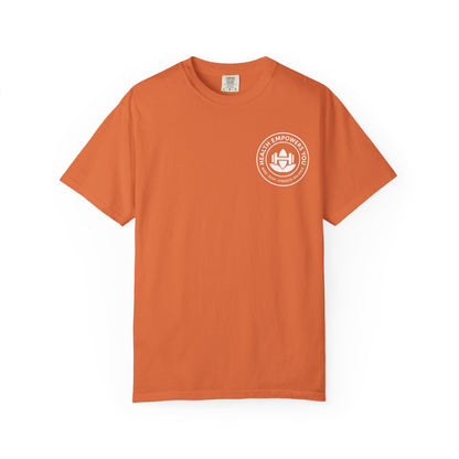 Orange t-shirt with a white logo on a white background