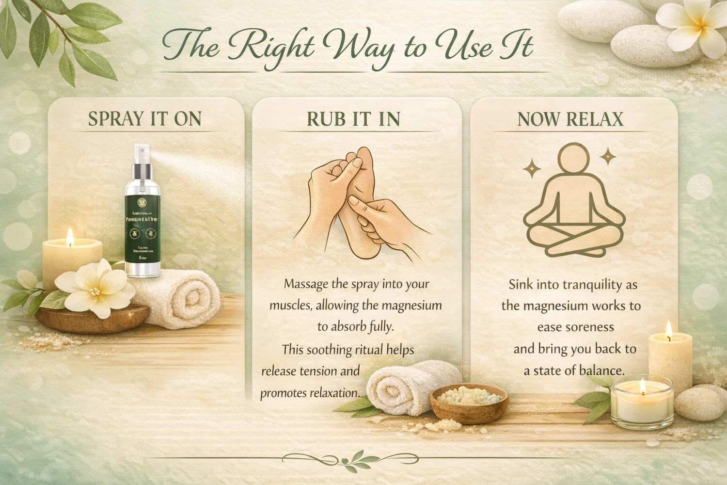 Instructions on using a product with images of a bottle, hands, and a person relaxing.