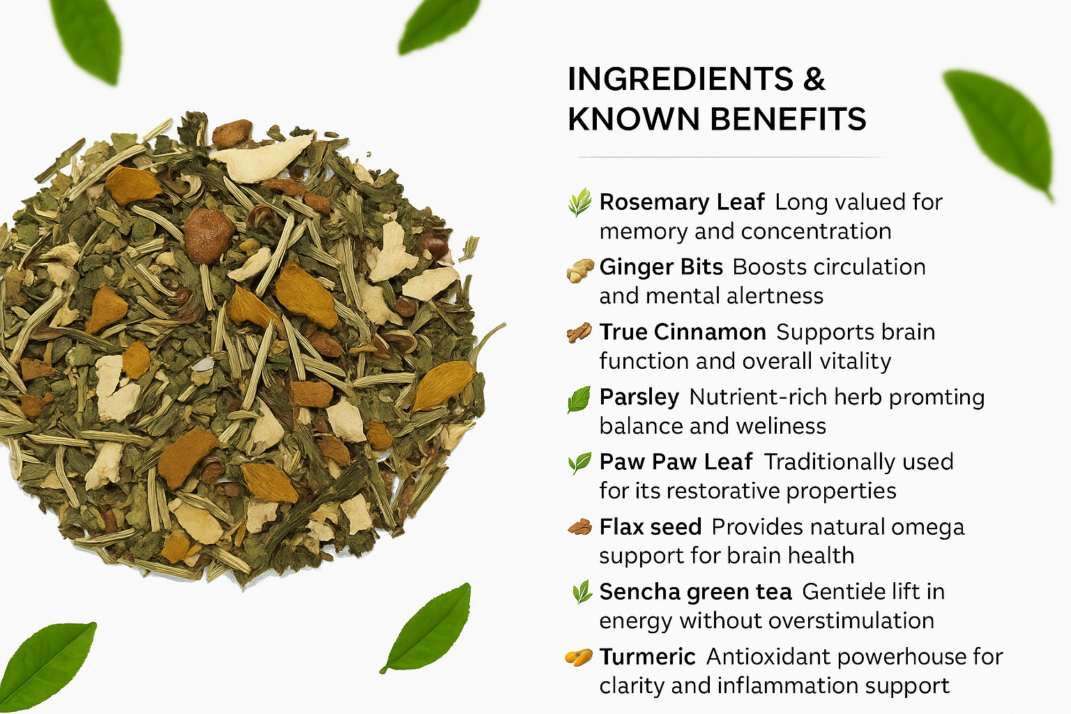 Tea blend with ingredients and benefits listed on a white background