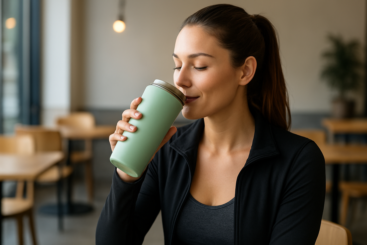 Woman drinking from a green insulated cup in a casual setting