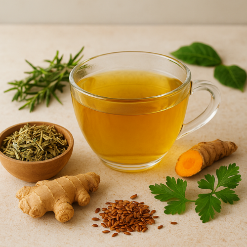 Glass mug of yellow tea with ginger, turmeric, and parsley on a light surface